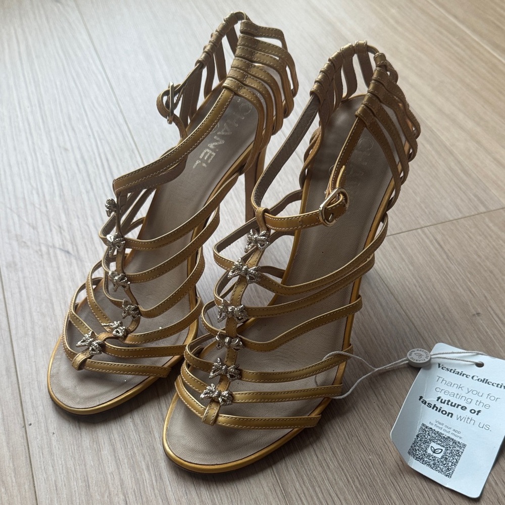 CHANEL Gold Strappy Heels with Butterfly Accents